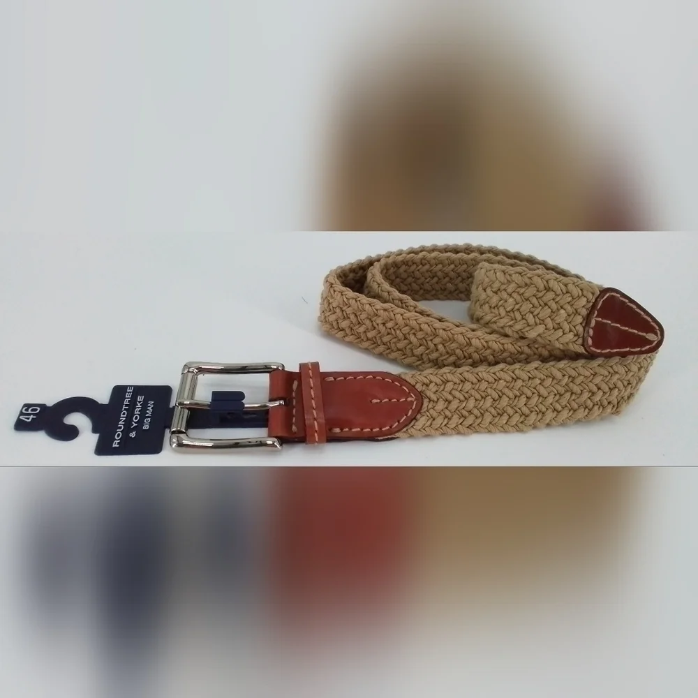 Nwt Roundtree & Yorke Khaki Woven & Brown ITALIAN LEATHER Mens BELT Sz 46